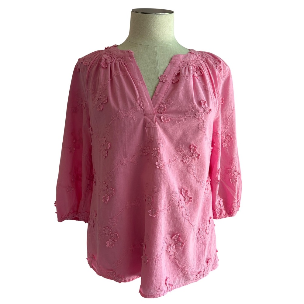 Crown & Ivy Blouse Womens XS Pink Floral Embroidered Cotton Boho Peasant Top